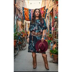 Johnny Was Reflections Floral Silk Blend Shift Dress Tunic Blue Stripe Womens S